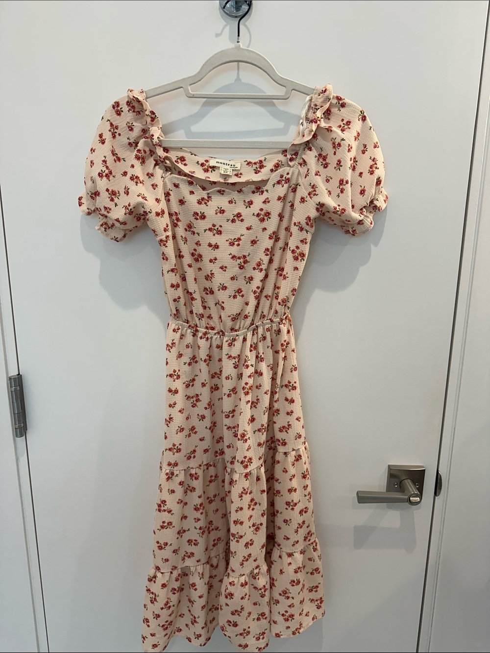 Monteau Cream Midi Dress with Red Floral Print